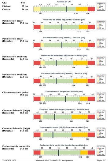 Informe con el análisis de los perímetros del brazo, el antebrazo, el pecho, el muslo y la pantorrilla